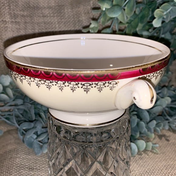 Footed Cream Soup Bowl Eggshell Nautilus, Maroon Band W/Gold by Homer Laughlin - Picture 4 of 10